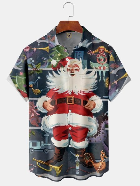 

Men's Santa Print Casual Breathable Hawaiian Short Sleeve Shirt, As picture, Short Sleeve Shirts
