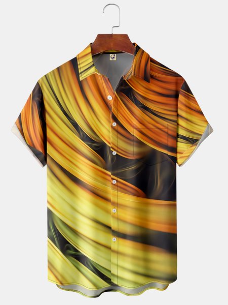 

Geometric Stripes Chest Pocket Short Sleeve Shirt, Yellow, Men Shirts