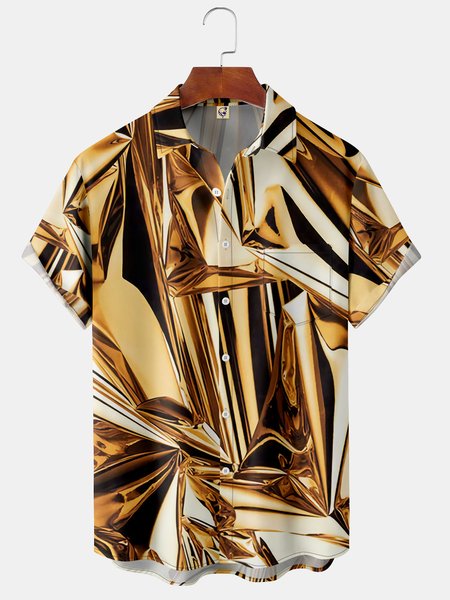 

3D Line Chest Pocket Short Sleeve Shirt, Metallic, Men Shirts
