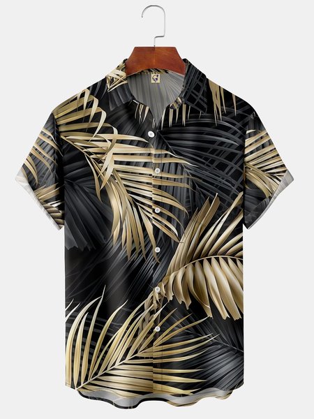 

Men's Casual Short Sleeve Hawaiian Shirt with Chest Pocket Print, Black-gold, Short Sleeve Shirts