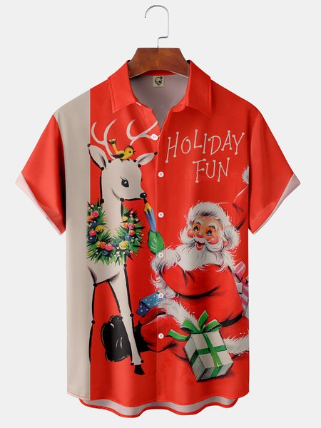 

Santa Claus Chest Pocket Short Sleeve Shirt, Red, Men Shirts