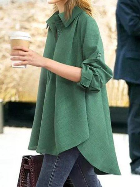 

Shawl Collar Casual Buttoned Ruched Blouse, Green, Blouses & Shirts