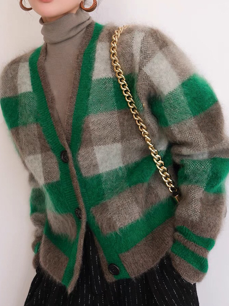 

Loose Plaid Urban Sweater V neck Long sleeve Coat, Green, Cardigans