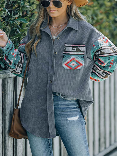 

JFN Shirt Collar Pocket Casual Boho Jacket, Gray, Outerwear