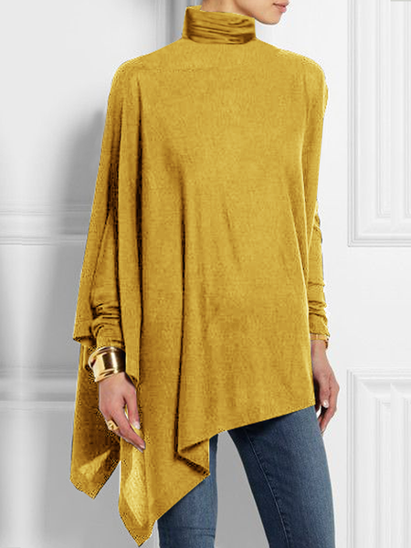 

Loose High Elasticity Turtleneck Long sleeve A-Line Top, Yellow, Blouses and Shirts