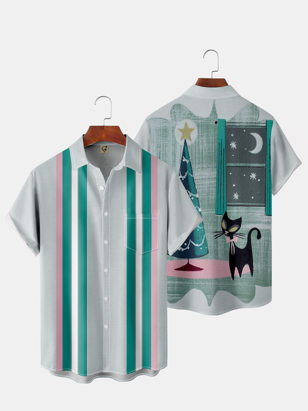 

Casual Style Casual Collection Mid-Century Retro Geometric Stripes Color Block Cat Lapel Short Sleeve Chest Pocket Shirt, Gray, Short Sleeve Shirts