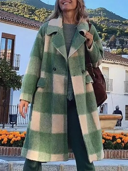 

Casual Gingham Button And Pocket Woolen Overcoat, Green, Outerwear