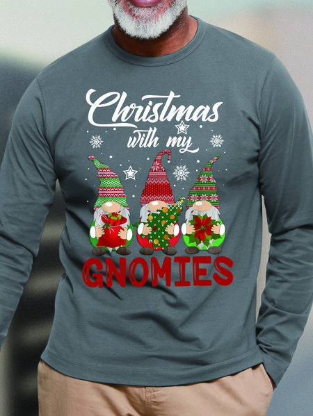 

Men Christmas With My Gnomies Loose Casual Crew Neck Top, Gray, Long Sleeves