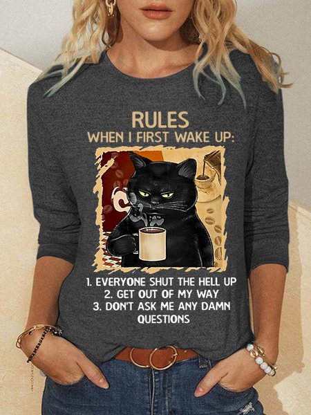 

Women Black Cat Rules Cotton-Blend Simple Long Sleeve Top, Gray, Long sleeves