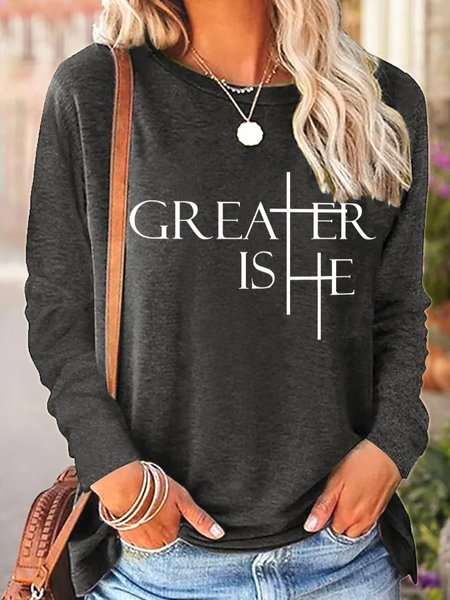

Greater Is He Cross Women's Long Sleeve T-Shirt, Gray, Long sleeves