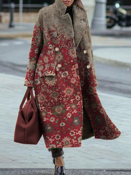 

Gradual western style folk custom geometric pattern loose long woolen coat, Red, Trench Coats