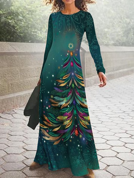 

Gradient Christmas tree round neck long holiday Dress, Black, Dresses