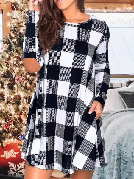

Check stitched suede Christmas short Dress Plus Size, Black-white, Mini Dresses