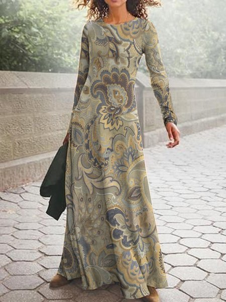 

Paisley round neck long holiday Dress, Multicolor, Dresses