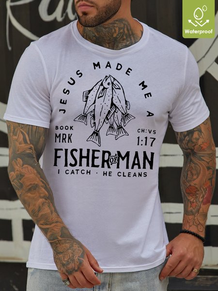 

Men's Jesus Made Me A Fisher Of Man Waterproof Oilproof And Stainproof Fabric Loose Crew Neck Casual T-Shirt, White, T-shirts