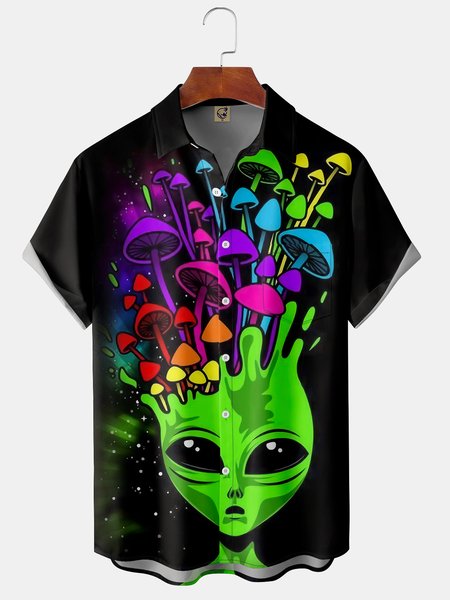 

Hippie Alien Chest Pocket Short Sleeve Shirt, Black, Men Shirts
