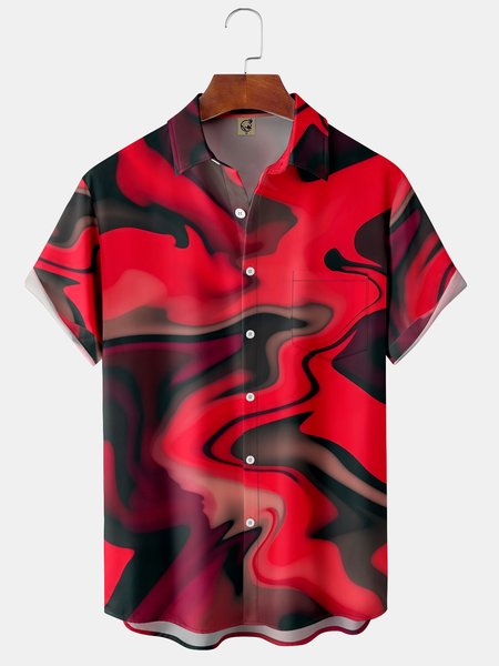 

Geometric Lines Chest Pocket Short Sleeve Shirt, Red, Men Shirts