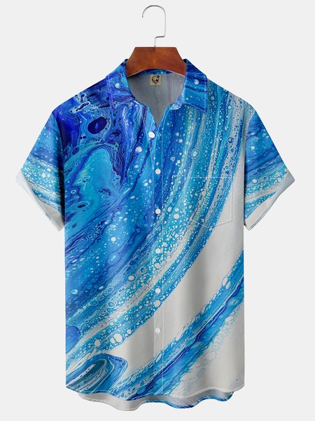 

Geometric Texture Chest Pocket Short Sleeve Shirt, Blue, Men Shirts