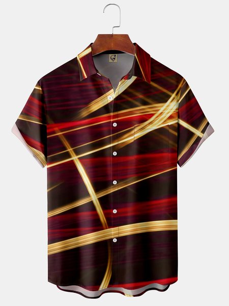 

Geometric Lines Chest Pocket Short Sleeve Shirt, Red, Men Shirts