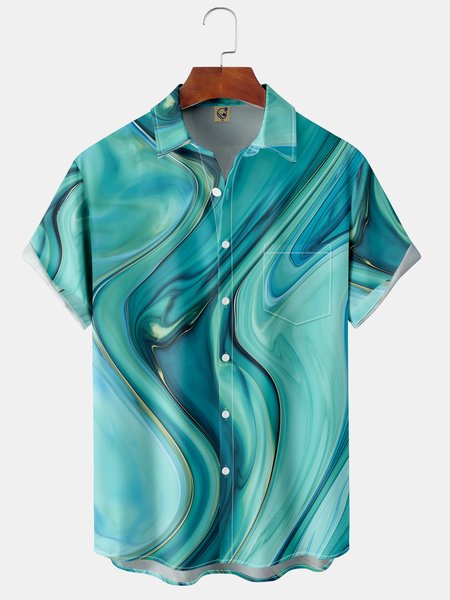 

Geometric Texture Chest Pocket Short Sleeve Shirt, Green, Men Shirts