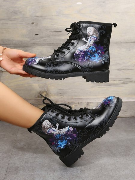 

Alice Cartoon Graphic Lace Up Ankle Boots, Black, Boots