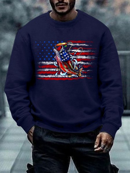 

Men's Crew Neck America Flag Loose Fish Casual Sweatshirt, Blue, Hoodies&Sweatshirts