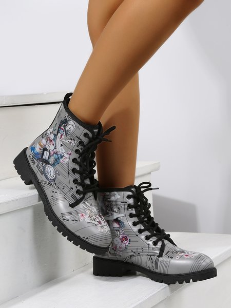 

Alice Sheet Music Cartoon Graphic Lace Up Boots, Gray, Boots