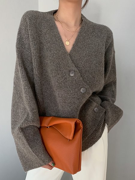 

Regular Fit Gray V Neck Long sleeve Sweater Coat, Cardigans