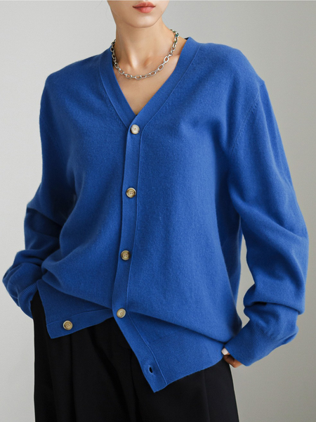 

Loose Plain Urban V neck Long sleeve Sweater Coat, Blue, Cardigans