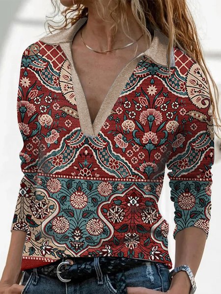 

Ethnic Cotton-Blend Shawl Collar Tops, Red, Tops