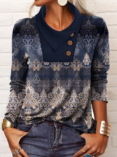 

Regular Fit Paisley Shawl Collar Top, Dark blue, T-Shirts