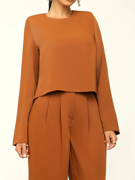 

Loose Crew Neck Long sleeve H-Line Blouse, Brown, Blouses and Shirts