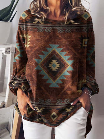 

Ethnic Crew Neck Boho T-Shirt, Multicolor, Tops
