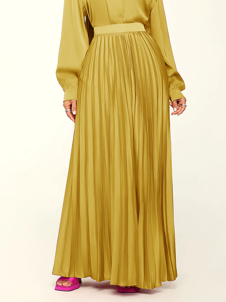 

Loose No Elasticity Plain Long H-Line Pleated Skirt, Yellow, Skirts