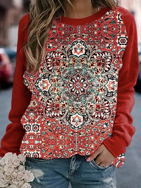 

Casual Crew Neck Ethnic Loose Sweatshirts, Red, Sweatshirts & Hoodies