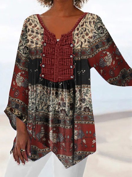 

Ethnic V Neck Regular Fit Tops, Red, Shirts & Blouses