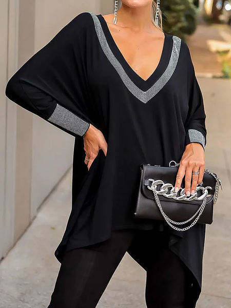 

High Elasticity Loose V neck Long sleeve Tops, Black, Linen Tops