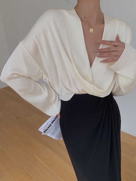 

Daily Long sleeve Regular Fit V Neck Blouse, Apricot, Blouses and Shirts
