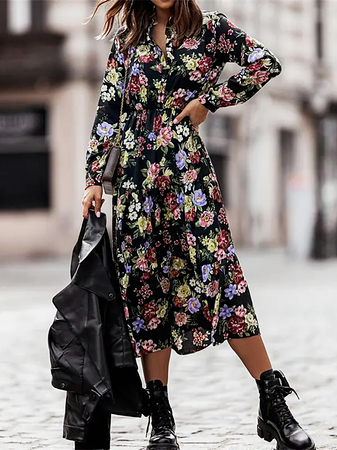 

Boho Floral Loose Dresses, Black, Midi Dresses