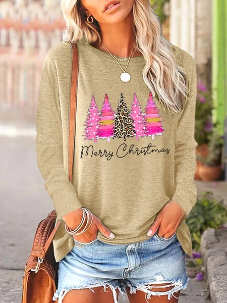 

Women Merry Christmas Casual Crew Neck Regular Fit Top, Khaki, Long sleeves