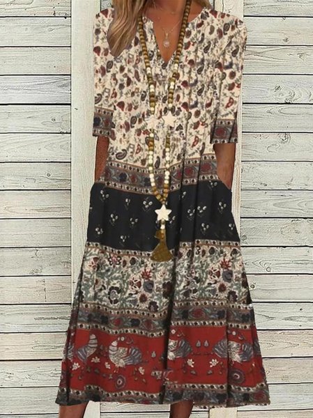 

V Neck Ethnic Regular Fit Dress, Khaki, Dresses