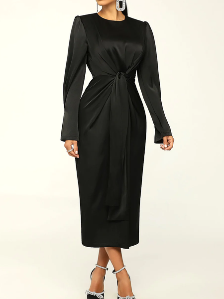 

Regular Fit Elegant Plain Crew Neck Long sleeve Dresses, Black, Maxi Dresses