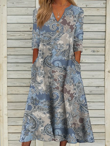 

Paisley button up Boho midi Dress, Blue, Dresses