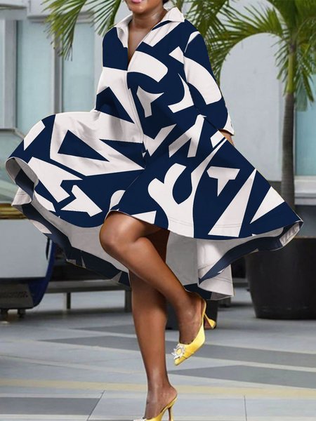 

Shirt Collar Loose Abstract Midi Dress, Blue, Midi Dresses