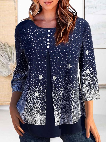 

Faux Two Piece 3/4 Sleeve Navy Shirt, Dark blue, Tops