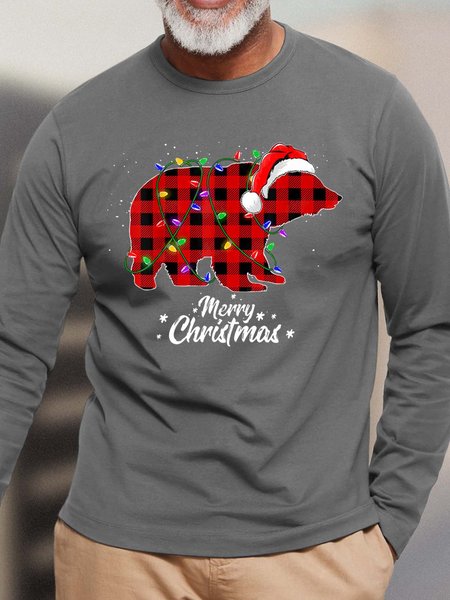 

Men Bear Hat Light Merry Christmas Casual Top, Gray, Long Sleeves