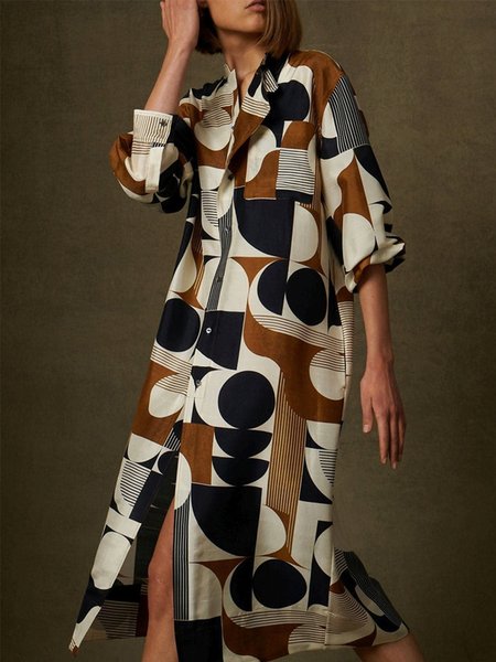 

Urban Geometric Printed Loose Shirt Dress, As picture, Midi Dresses