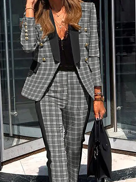 

Loose Lapel Collar Long sleeve Plaid Blazer, Black-grey, Blazers