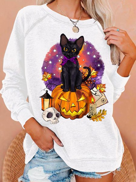 

Womens Halloween Black Cat Letters Sweatshirts, White, Hoodies&Sweatshirts