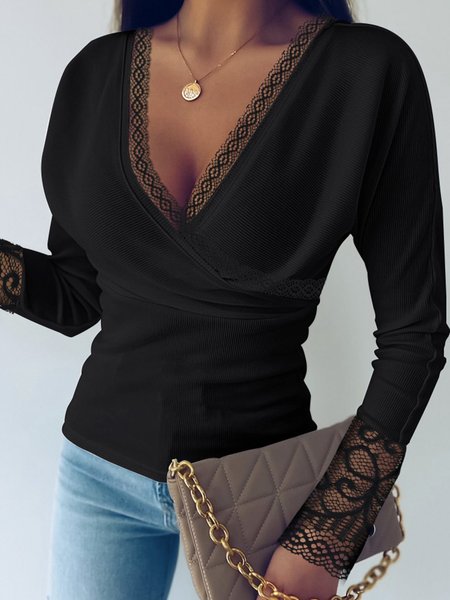 

Urban V Neck Lace Edge Plain T-Shirt, Black, Tees